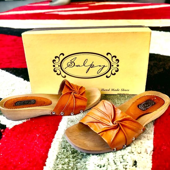 SALPY Handmade Shoes Orange Leather Wooden Mule Style Anna - Picture 15 of 15